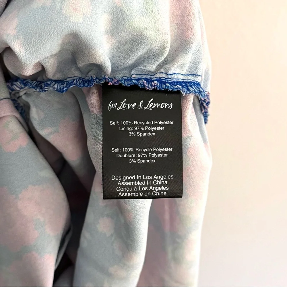 For Love & Lemons Annie Blue Purple Floral Satin Midi Dress Puff Sleeve Small